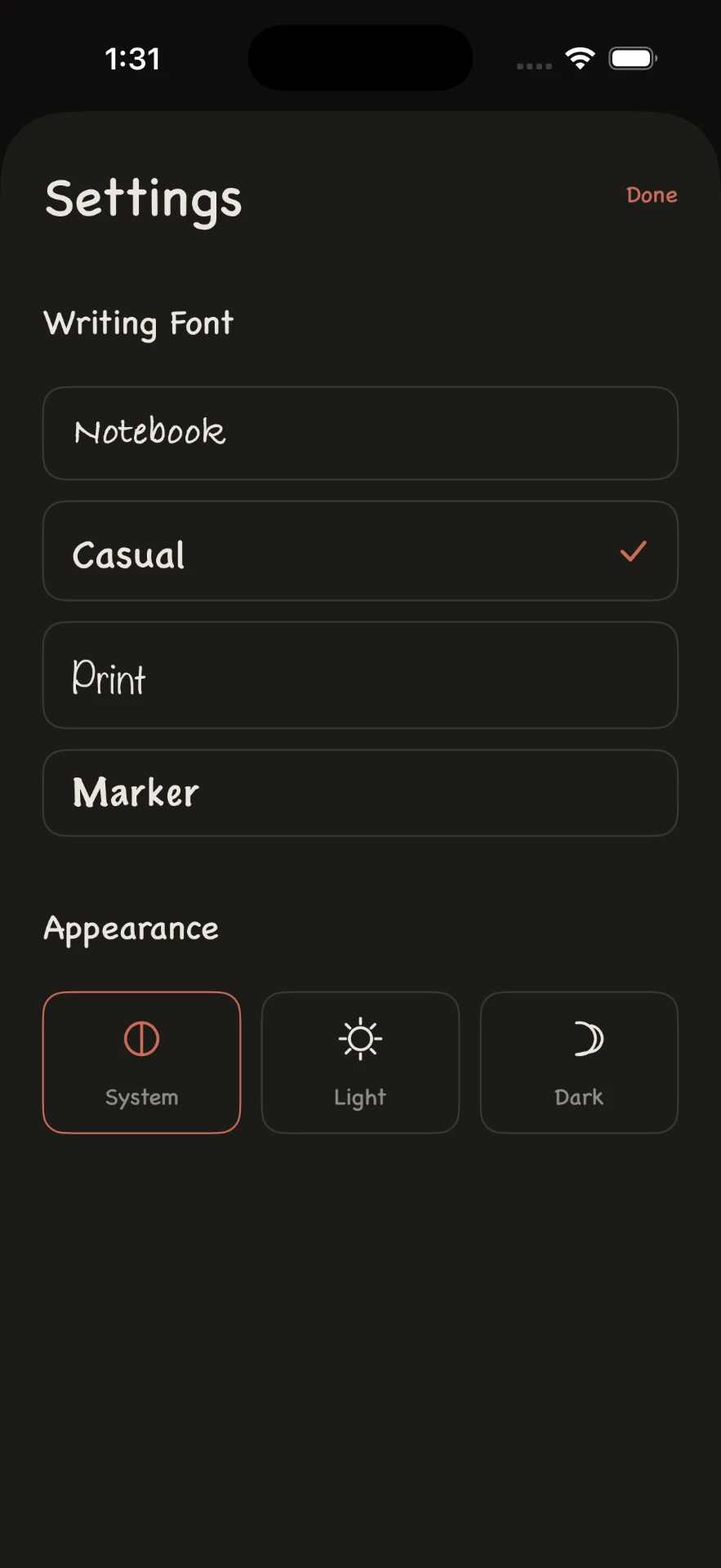 Notbuk settings showing the handwriting font picker