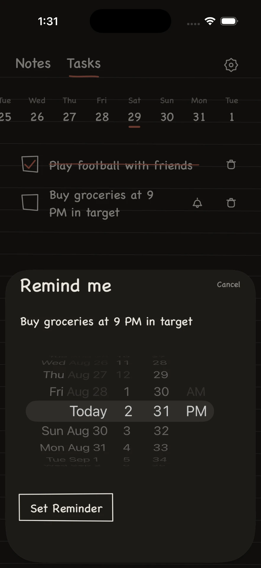 Notbuk reminder picker for a task