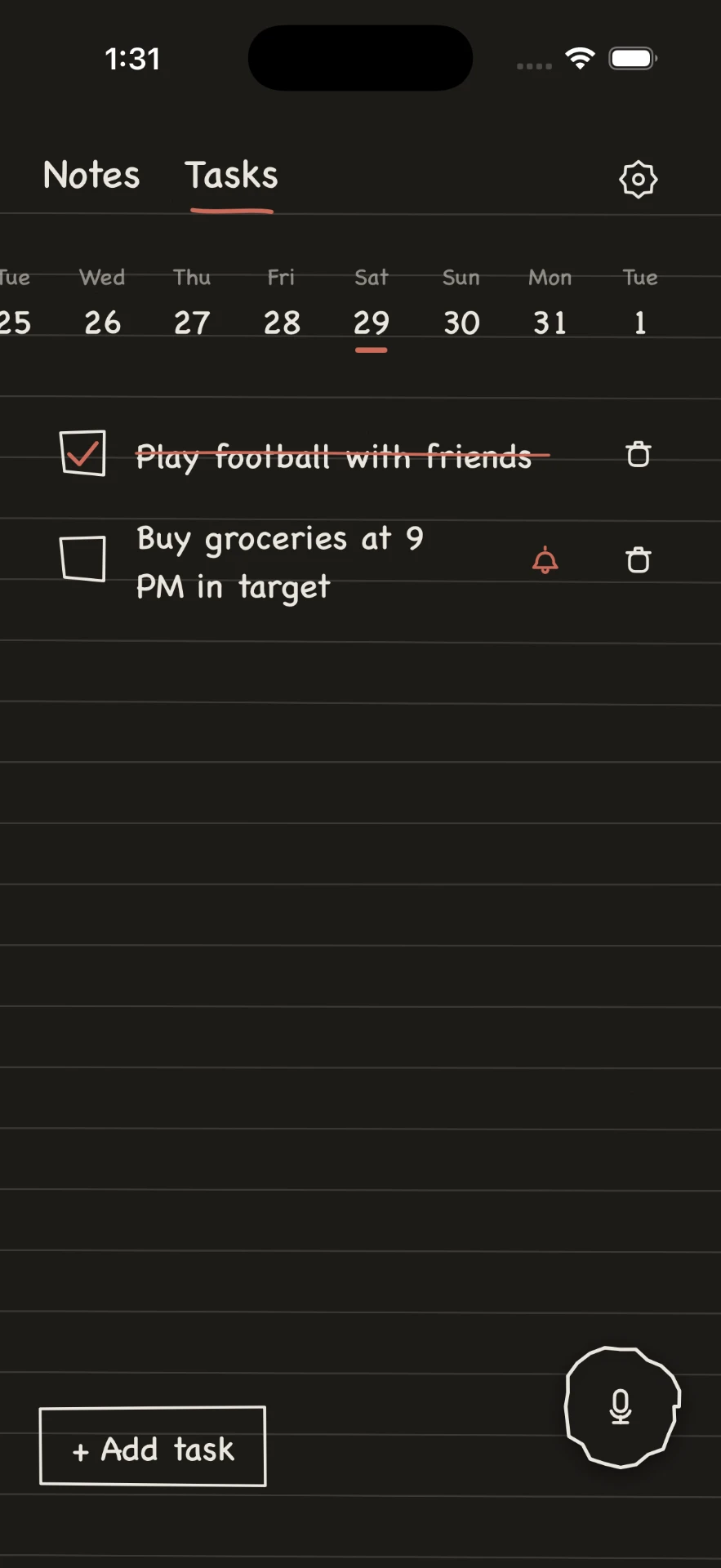 Notbuk Tasks page with a completed task struck through in ink